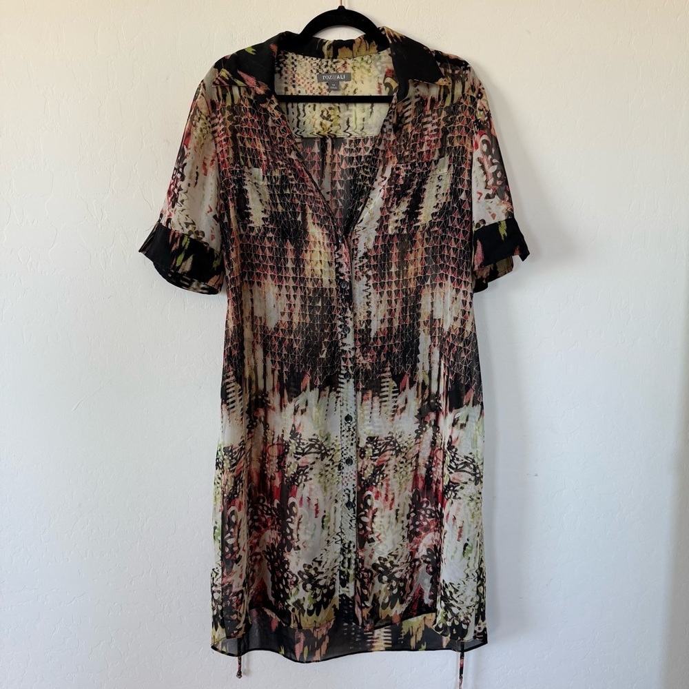 Roz & Ali Boho Plus Size Sheer Short Sleeve Button Down Tunic Top Size 14